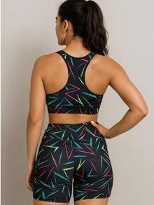 SHOWOFF FITNESS GYM SET, MID-THIGH SHORTS WITH TOP - Rose Triangle - View 2
