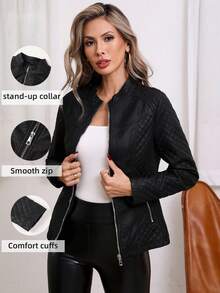 Giolshon Women's Plus Size Fashion Minimalist PU Biker Jacket, Suitable For Casual Wear In Autumn/Winter - 黑色 - 查看 6