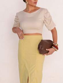 Linen Midi Skirt With Stylish Slit And Flexible Waist - Yellow - View 4
