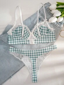1 套女士薄荷绿格子印花蕾丝花边文胸套装