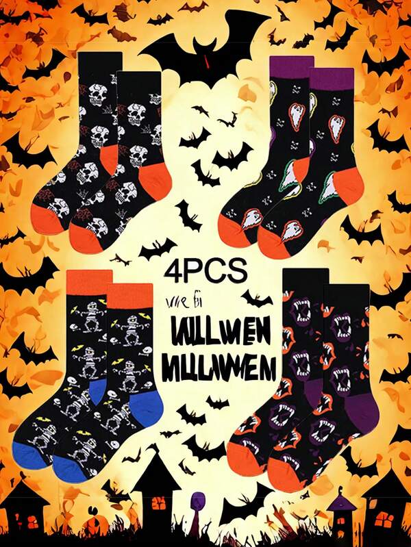 4 Pairs Women Halloween Themed Plush Socks With Pumpkin Ghost Patterns Mummy, Warm & Cute For Home, Sleep And Holiday Outfits Keep Warm In Autumn And Winter