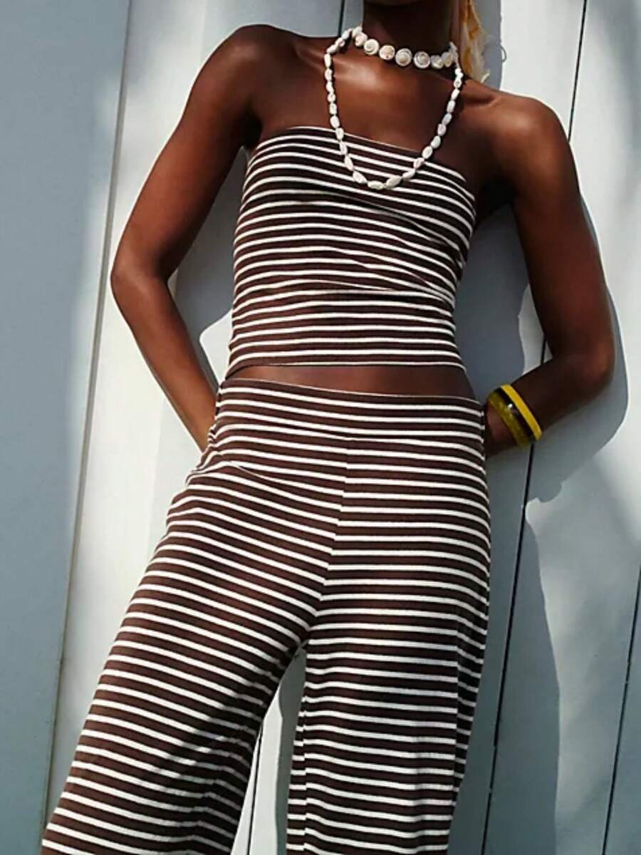 Women's 2 Piece Summer Stripe Casual Outfits Back Pleated Striped Print Bandeau Tops And Elastic Waist Wide Leg Long Pants Set Streetwear - 黑色 - 查看 1