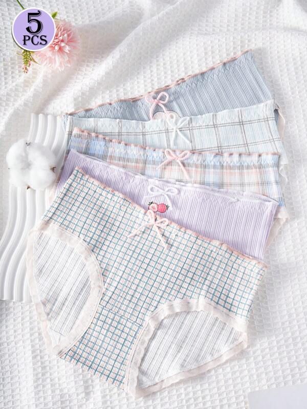 5PCS Girl's Underwear With Bowknot, Comfortable Stripes, Cartoon Print, And Teen Girl Triangle Panties