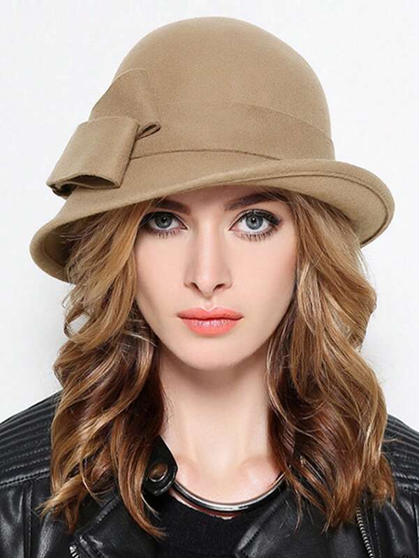 1pc Women's Elegant Vintage Wool Felt Hat With Rolled Brim & Bow, Fashion Bucket Hat, Large Circumference, Lightweight & Convenient For Outdoor, Travel, Daily Wear