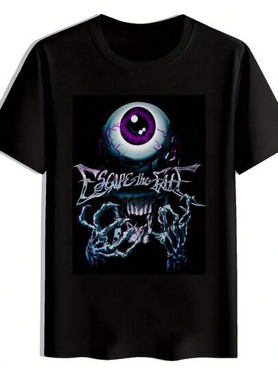 Camiseta gráfica vintage de banda de rock para hombres - Escape The Fate y camiseta de manga corta con estampado de calavera, cuello redondo negro, top casual de verano, camiseta de poliéster lavable a máquina para conciertos, festivales, playa y regalos, camisetas de banda de rock, ropa para fanáticos de la música, tela duradera