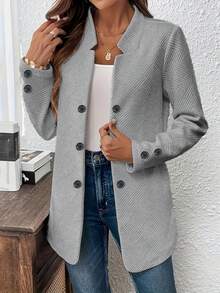 Plus Size Solid Color Mid-Length Slightly Loose Women Office Wear Daily Commute Casual Double-Breasted Blazer Jacket Spring - Grey - View 1