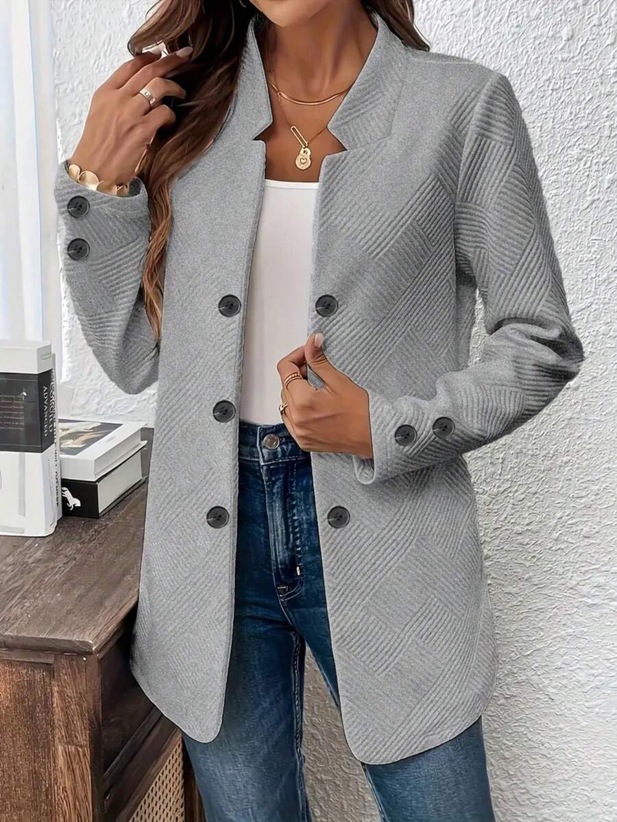 Plus Size Solid Color Mid-Length Slightly Loose Women Office Wear Daily Commute Casual Double-Breasted Blazer Jacket Spring - Grey - View 1