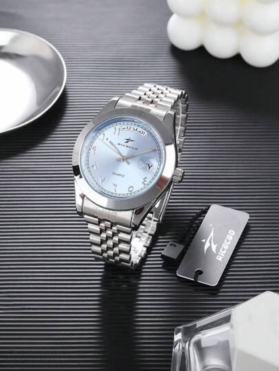 RICECGO RICECGO 1pc Men's Classic Quartz Watch, Circular Dial, Arabic Numerals, Dual Calendar Display, Stainless Steel Strap, Suitable For Daily Wear, Ideal Gift For Birthdays, Affordable Back To School Watch