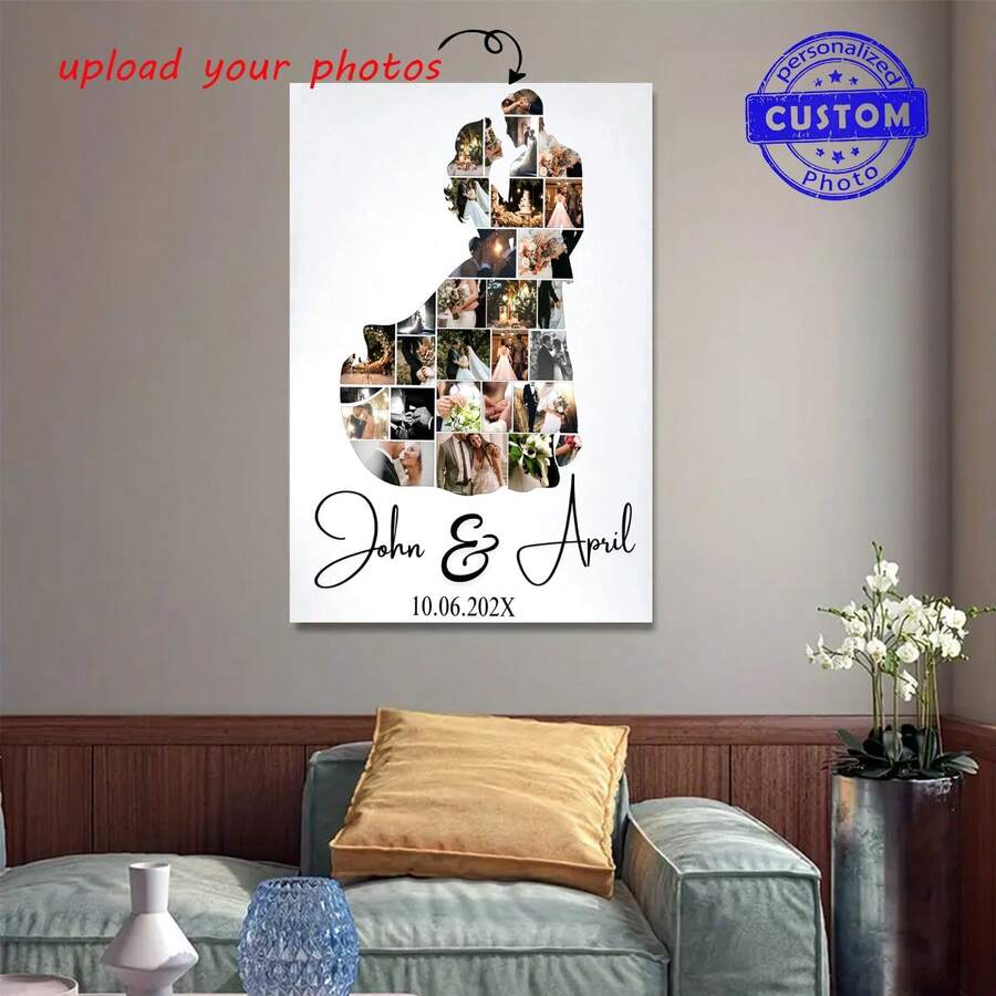 1pc Custom Wedding Couple Photo Collage Template |Editable + Printable Canva Template |Custom Wedding Anniversary |DIY Bride And Groom Photo Collage,Suitable For Bathroom Decor ,Kitchen Decor,Living Room Decor,Bedroom Decor,Optional Frame