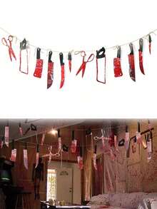 1 Set (1 Pieza con 12 Cuchillos) Pancarta, Decoración de Fiesta de Halloween de PVC Pancarta Sangrienta, Decoración de Guirnalda de Terror, Suministros de Decoración de Tema de Película de Terror para Cumpleaños, Carnaval y Prop de Horror