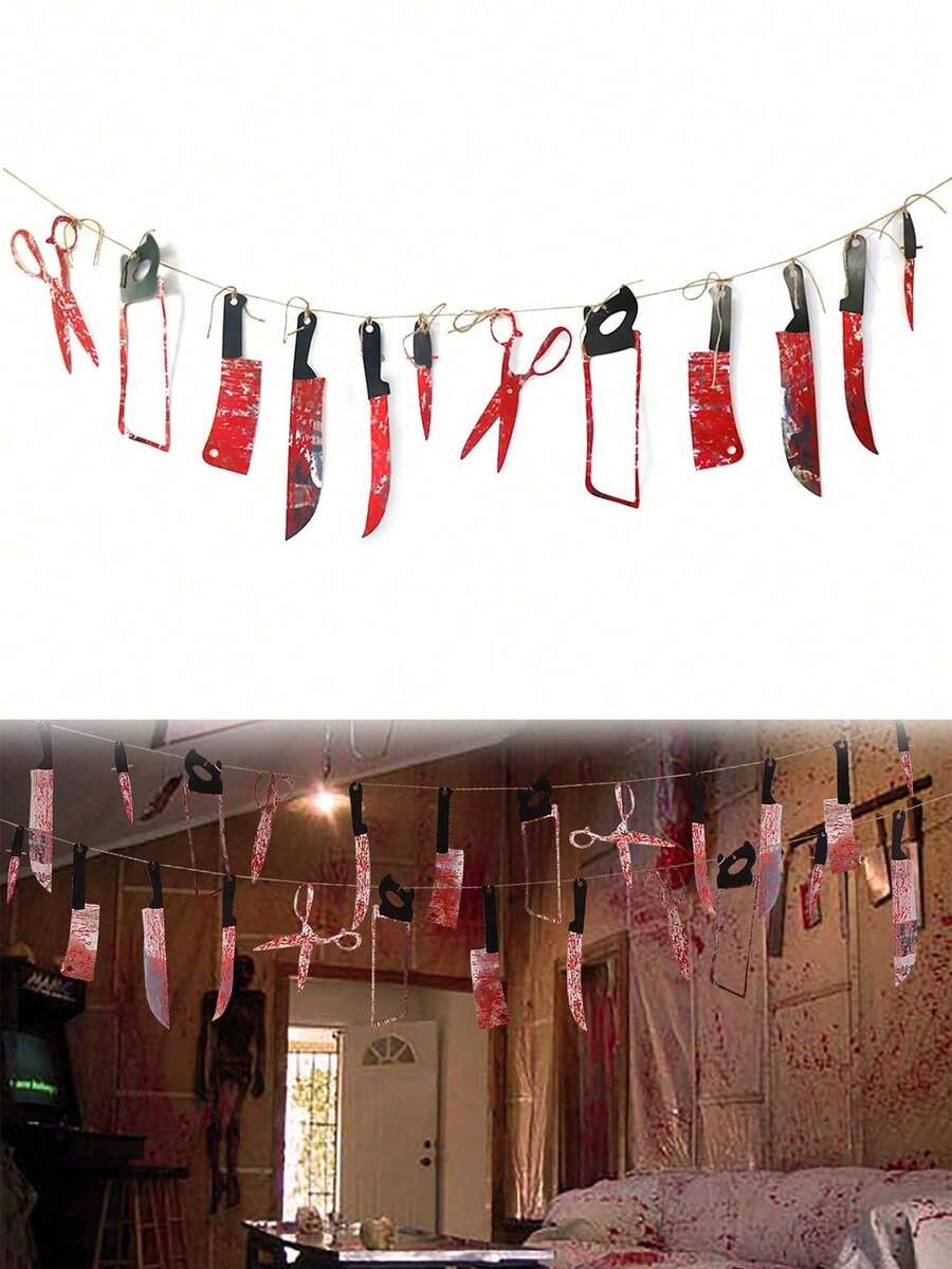 1 Set (1 Pieza con 12 Cuchillos) Pancarta, Decoración de Fiesta de Halloween de PVC Pancarta Sangrienta, Decoración de Guirnalda de Terror, Suministros de Decoración de Tema de Película de Terror para Cumpleaños, Carnaval y Prop de Horror