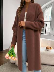 White Long Casual Cardigan, Fine Ribbed - Brown - View 3