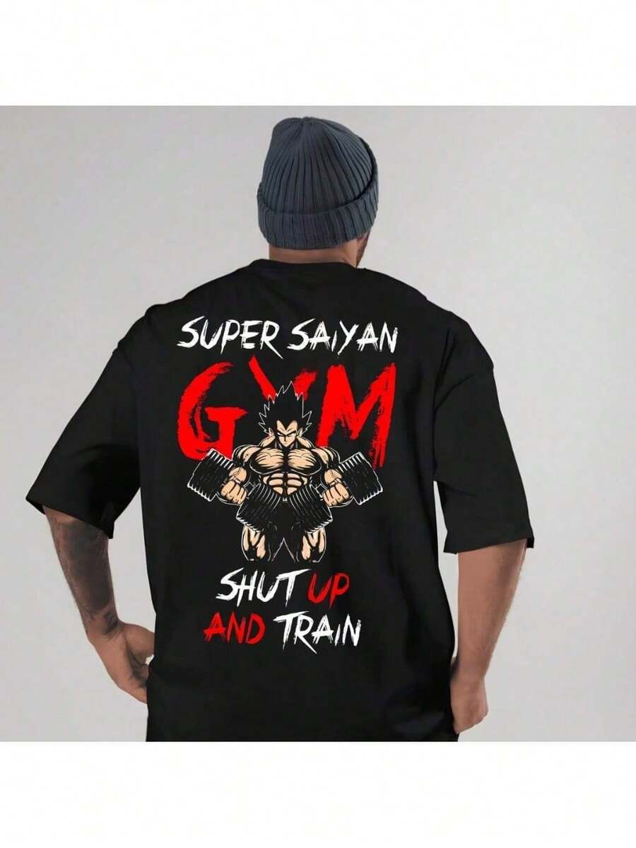 Geek Gym Oversized T-Shirt Printed Premium 100% Cotton Shirt - 黑色 - 查看 1