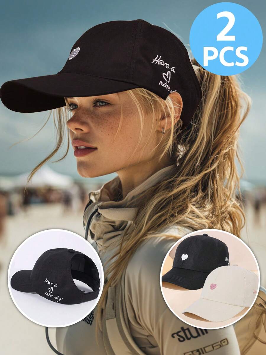 2 件爱心刺绣半天顶棒球帽女士太阳帽，可扎高马尾，适合返校、户外运动和日常休闲活动