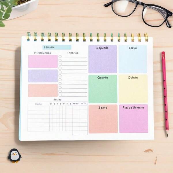 Caderno Planejador de Mesa Semanal com Divisões para Organização de Tarefas - 50 Folhas Volta às Aulas