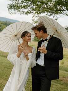 1/5/10件复古白色创意女士空白纸质遮阳婚礼伞 - 木柄，无需电源，非常适合婚礼、拍照、化妆、派对、海滩装饰。婚礼纪念品，伴娘团装饰伞，复古纸扇。