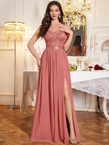 MIUSOL 亮片花卉蕾丝深 V 领开叉大腿褶皱下摆雪纺晚会长裙、吊带裙、舞会礼服