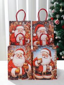 4pcs Christmas Kraft Paper Gift Packing Bags Handbags, Christmas Santa Claus Print Red Hand Bags, Christmas Tote Bags With Handles, 2025 Christmas Decoration For Home, Christmas Treat Bags, Multifunctional Christmas Party Gift Wrapping Bags, Xmas Party Favors Bags, Christmas Gift Wrapping Supplies, 2026 New Year Gift Packing Bags