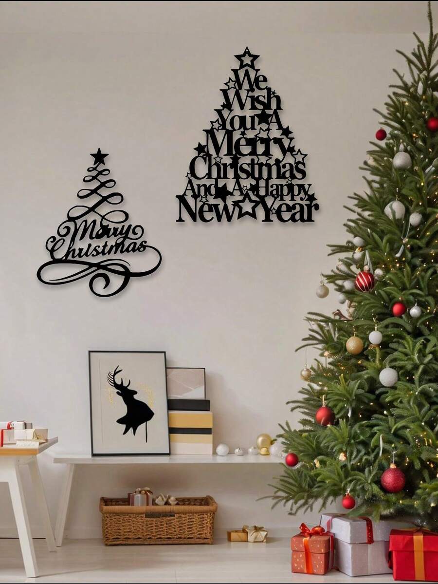 1 Pieza Pintura de pared de arte de hierro con tema navideño - Estilo industrial - Lámina de hierro cortada con tratamiento antioxidante - Perfecto para decoración de sala de estar, dormitorio, escena de fiesta de Navidad, escaparate de tienda - Regalo ideal para Navidad y Año Nuevo - Diseño simple de estrella y árbol de Navidad en blanco y negro, decoración del hogar, decoración de pared, decoración de habitación, decoración de sala de estar