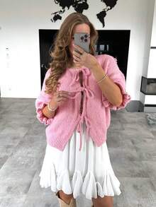 女士休闲可爱纯色简约荷叶边前系带蝴蝶结设计圆领短袖针织开衫毛衣上衣短袖春夏秋季外出服返校