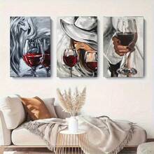 3pcs Elegant Wine Lovers Canvas Art Set - Abstract Women With Red Wine Glasses In Classy White Attire - Sophisticated And Artistic Home Decor For Living Room, Bedroom, Office - Chic And Stylish Art Prints, 2D Flat Printing Poster, Frameless Painting