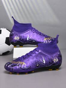1 双足球鞋，高帮户外软草坪/草皮专用鞋钉，PU 系带防滑 AG/FG 鞋钉，轻质高性能防滑设计，专业足球靴，多种颜色可选 - 紫色 - 查看 1