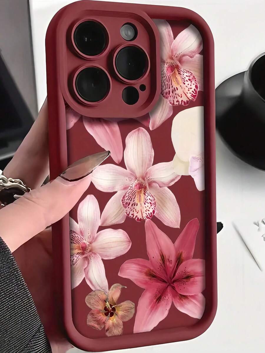 1 件勃艮第百合花卉图案全覆盖 TPU 防震手机壳适用于 Apple 16、15、14、13、12、11 Pro Max 和系列防水防摔防刮 - 彩色 - 查看 1