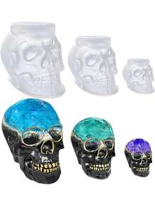 1 pieza/Set de 3 moldes de decoración de calavera de Halloween, Juego de moldes de calavera 3D grande + mediano + pequeño, Molde de silicona transparente flexible de calavera, Molde de silicona para hacer velas, Suministros de manualidades DIY punk, Adecuado para Halloween, decoración del hogar, DIY - Multicolor - Ver 1
