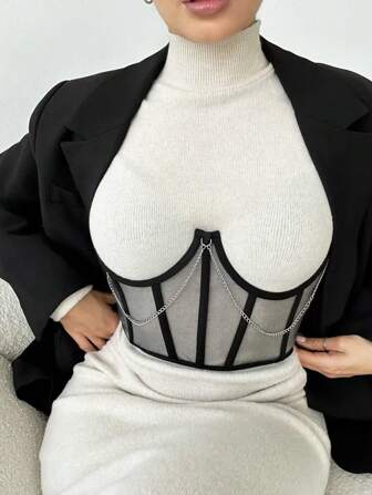 1 件女士网眼透视紧身胸衣上衣系带骨架束身衣塑身宽腰带胸下束腰带搭配 T 恤或裙子