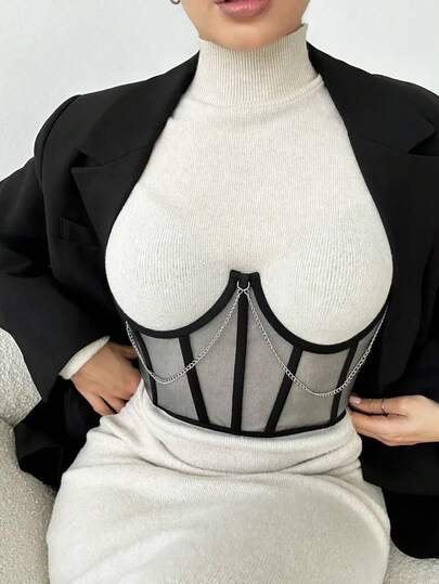 1 szt. prześwitujący top z siateczki, damski gorset ze stalowymi fiszbinami i sznurowaniem, szeroki pas, pas wyszczuplający pod biustem, odpowiedni do noszenia z koszulką lub sukienką