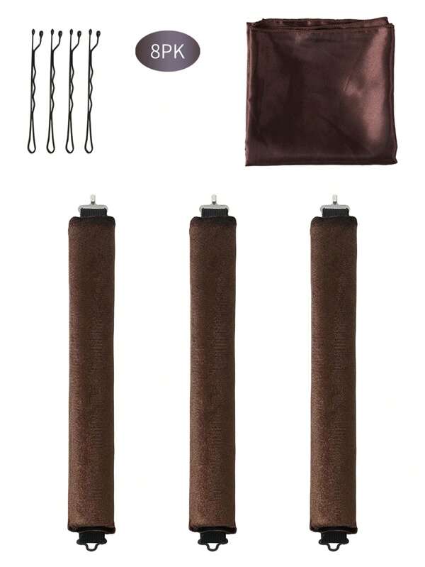 8 Stück hitzefreie Haarstyling-Set mit Kopftuch und Bobby-Pins, Samt-Overnight-Lockenstab-Set, große Satin-braune Wickler für Föhnwellen-Locken, Haarband-Lockenwickler & Warmluft-Lockenwickler, Stylingtools ohne Hitze mit Haarbandwickler für langes Haar, zum Schlafen, hochgradig robuste Gummifüllung, weicher (dunkelbraun)