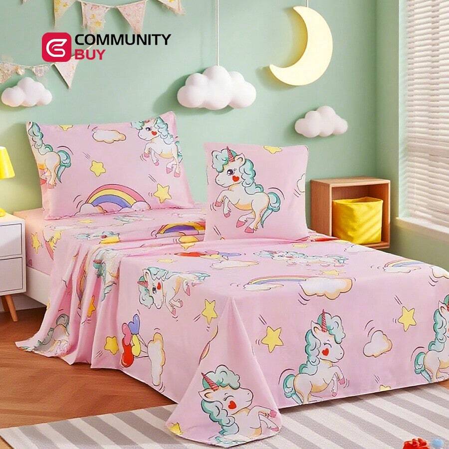 Conjunto de Sabanas Infantiles Individual 100x200cm | Pack 4 Piezas: Sabana Ajustable, Plana, Funda de Almohada + Cojín Decorativo | Estampado Colorido Infantil Suave y Caliente | Ideal para Cuna, Camita o Cama Infantil | Confort y Estilo para Niños - 02 rosa - Ver 1