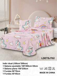 Conjunto de Sabanas Infantiles Individual 100x200cm | Pack 4 Piezas: Sabana Ajustable, Plana, Funda de Almohada + Cojín Decorativo | Estampado Colorido Infantil Suave y Caliente | Ideal para Cuna, Camita o Cama Infantil | Confort y Estilo para Niños - 02 rosa - Ver 6