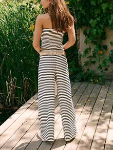 Women's 2 Piece Summer Stripe Casual Outfits Back Pleated Striped Print Bandeau Tops And Elastic Waist Wide Leg Long Pants Set Streetwear - 白色 - 查看 2