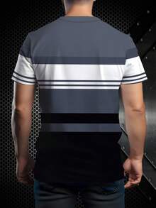 时尚条纹男士圆领T恤：舒适与时尚的完美融合，休闲百搭上衣，100%涤纶 - 彩色 - 查看 3