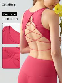 Catch Halo Crisscross Back Strappy Workout Top For Women - Sexy Open Back Camisole & Crew Neck & Build In Bra Cropped Tank Top | 4-Way Stretch Seamless Breathable Sports Top For Yoga, Pilate, Cheerleading, Gym (Rose Pink, S~XL)