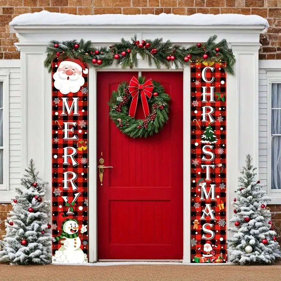 Fröhliche Weihnachtsdekorationen für Außenbereich, Vorgarten, Veranda, Rot-Schwarz Büffel-Karo Türbanner, Hängende Weihnachtsdekorationen für Zuhause, Innen- und Außenbereich, Weihnachtsdekoration für Wand, Haustür, Garten, Garage