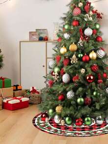 1 fustă de brad de Crăciun, cu diametrul de 60/90 cm, model în carouri roșu și negru cu ornament de fulgi de zăpadă și perle, decorațiune pentru brad de Crăciun, Crăciun fericit