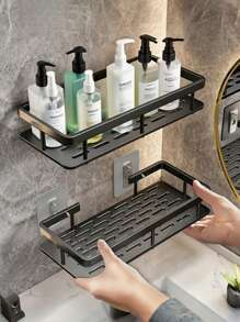 1/2 Pieces Black Bathroom Shelf, Large Capacity Wall Mounted, No Drilling Required, Wall Mounted Shower Shampoo Holder, Bathroom Towel Rack, Wall Mounted Rectangular Bracket, Stick-On Bathroom Shower Rack, Suitable For Bathroom And Kitchen