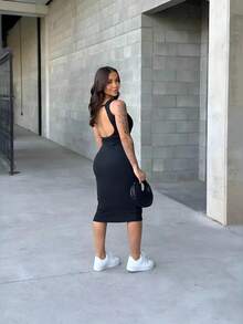 Kit With 2 Ribbed Tank Dress Midi Backless Tube Top Tight Fitting Gringa Shaper With Straps - Đen/Nâu - Xem 4