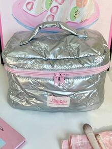 1 件银色蝴蝶结化妆包化妆包化妆包便携式手柄大容量化妆包带拉链，适用于旅行和度假必需品，用于卫生巾、袋垫、有线耳机、耳机、充电器、口红、化妆品、香水、化妆刷架收纳袋、护肤和美容产品，适用于女性、学生、女学生、钥匙、节日礼物返校礼物旅行必需品包，用于学校用品女士旅行包 - 銀色 - 查看 7