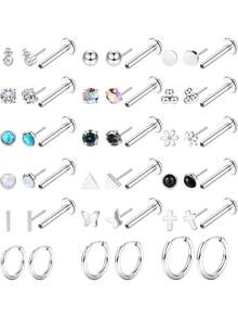 Milacolato 20G Threadless Flat Back Earrings For Women Men - Hypoallergenic Surgical Steel Push In Nose Stud Rings Labret Cartilage Lip Rings Medusa Nostril Conch Tragus Piercing Jewelry 18 Pairs - 彩色 - 查看 10
