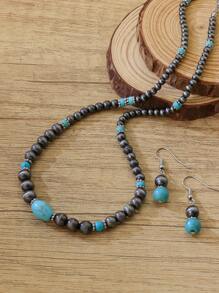 Retro Turquoise Necklace Vintage Western Country Earrings Set Female Ancient Silver Color Beaded Jewelry Set
