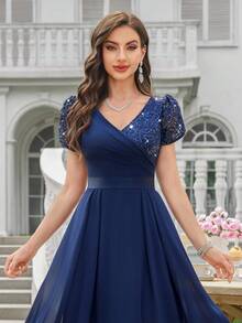 MIUSOL Contrast Sequin Lace V-Neck Petal Sleeve Pleated Hem Evening Party Long Dress, Summer Midi Dress, Wedding Guest Party Dress