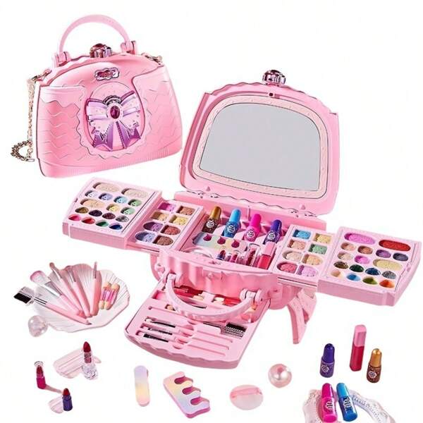 Ensemble sac à main de trousse de maquillage de luxe de simuler pour les filles, comprend faux rouge à lèvres, ombre à paupières, pinceaux - jouets de maquillage de simuler en rose, baie, corail, orange et plus de couleurs - cadeau parfait pour anniversaire, fête des mères, journée de la jeunesse et Noël, Ensemble de maquillage de simuler