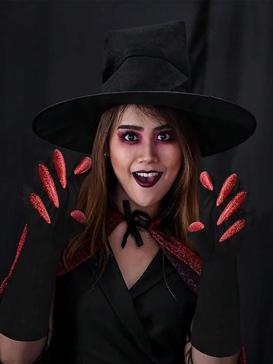 1 Pair Of Black Witch Gloves With Claw Nails, Halloween Horror And Bloody Cat Claw Rubber Gloves ,Theme Party Role-Playing, Women's Clothing Accessories, Suitable For Halloween Women's Gloves