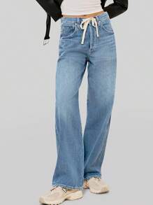 PLNOTME Womens Baggy Wide Leg Jeans Boyfriend Drawstring High Waisted Mom Pants With Pockets