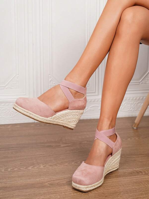 Women's Minimalist Ankle Strap Espadrille Shoes, Vacation Shallow Pink Criss-Cross Elastic Band Suede Woven Shoes, Rope Sole Ladies Wedge Thick Bottom Shoes, Bohemian Fabric Buckle Beach Outdoor Wedding All Season Woven Shoes