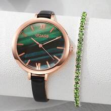 2pcs Fashionable, Simple And Versatile Women's Quartz Watch, Round Dial, Casual And Versatile, Paired With Diamond Studded Heart-Shaped Jewelry Bracelet Set, Suitable For Holidays And Daily Wear