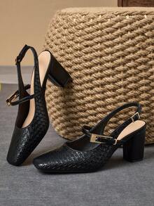 WHDXY 1 Pair Women's Square Toe Basic Solid Backless Buckle High Heel Pumps, Sexy 7CM Chunky Heels, Suitable For Work, Flight Attendant, Formal Dress - Black - View 2
